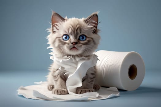 cute cat playing with a roll of toilet paper, isolated on a blue background .