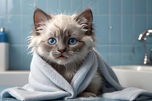 cat wrapped in a towel after a shower .