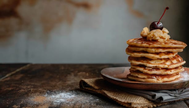 Delicious viennese waffles with maple syrup drizzle and blackberry on dark brown wood background.