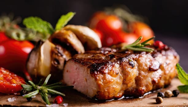 Copy Space image with close up of barbecue ribs on cutting board over wooden