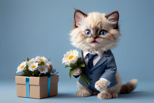 cat in a suit with a gift and flowers .