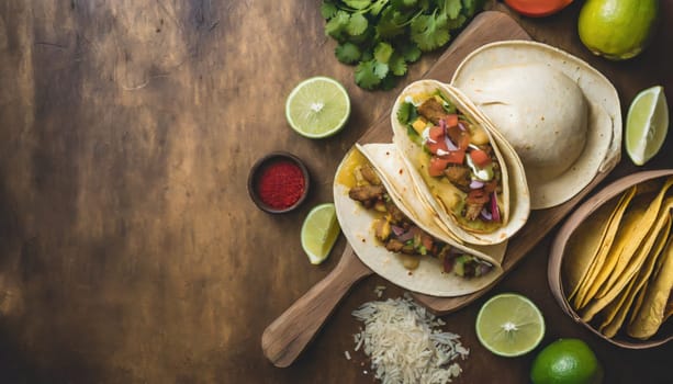 Copy Space image of Taco bar side border with an assortment of ingredients. Top view on a dark wood banner