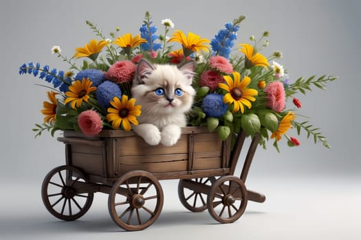 Cute kitten with a large bouquet of flowers in a cart .