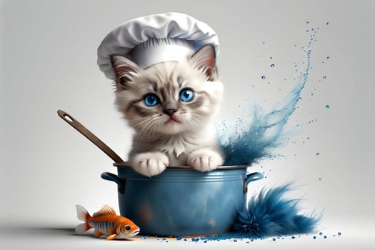 Cute cat chef preparing fish in the kitchen .