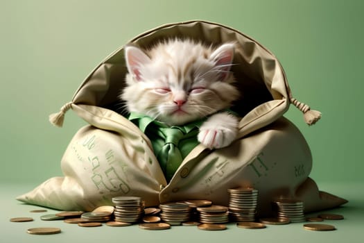 cute cat in a suit with a bag of coins .