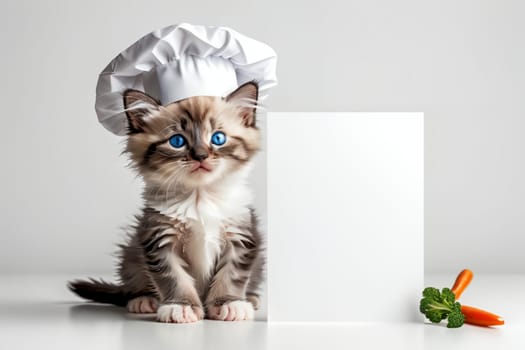 Cute cat chef with blank blank for menu .