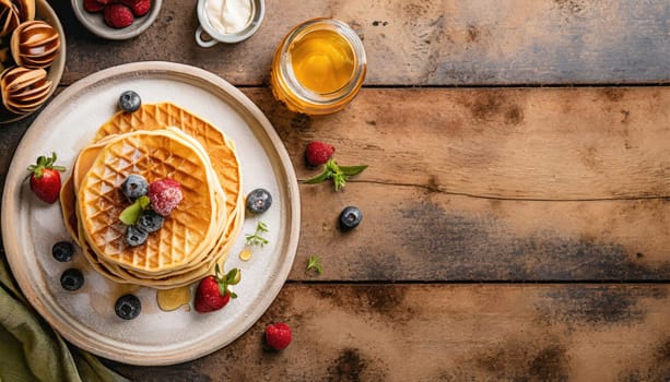 Freshly made belgian waffles with honey flows and powdered sugar.