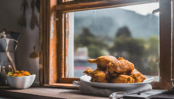 Copy Space image through the window of Fried Breaded chicken tender