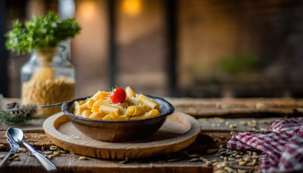 Copy Space image of Mac and cheese american macaroni pasta with cheesy Cheddar sauce with landscape view background.