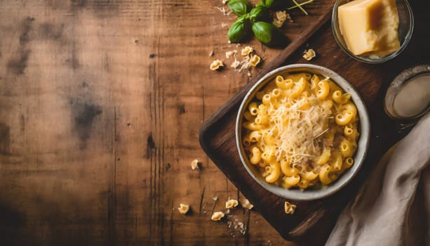 mac and cheese with corn, bacon topped with panko breadcrumbs on plate on dark wooden table