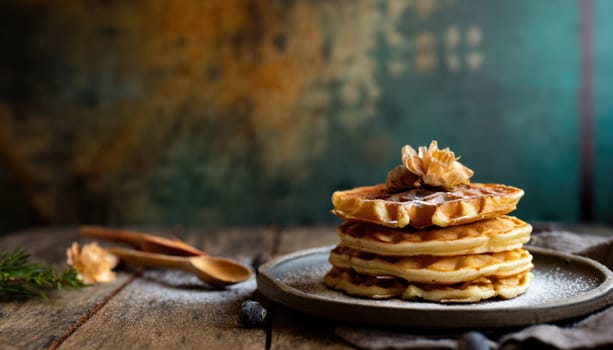 Delicious viennese waffles with maple syrup drizzle and blackberry on dark brown wood background.