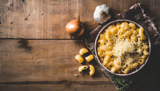 mac and cheese with corn, bacon topped with panko breadcrumbs on plate on dark wooden table