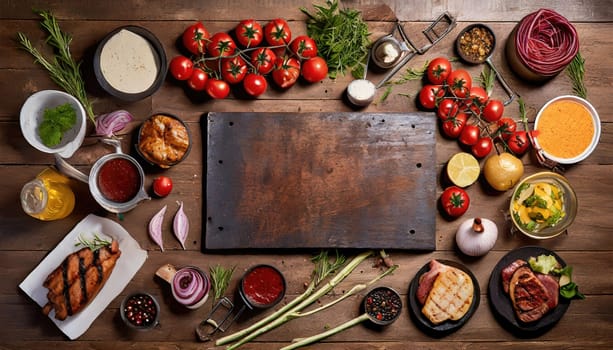 Copy Space image with top view of Barbecue menu. Grilled meat and vegetables on rustic wooden