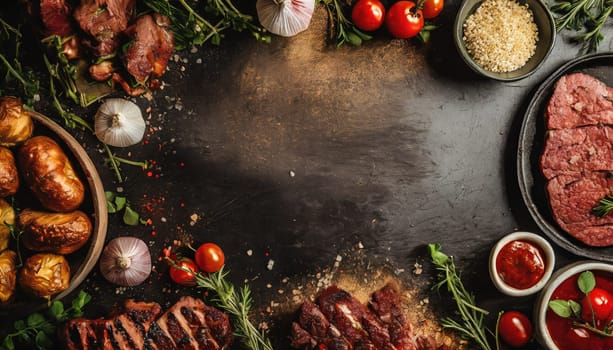 Copy Space image of BBQ Grilled rib eye steak, fried rib eye beef meat on a plate with green salad. Dark