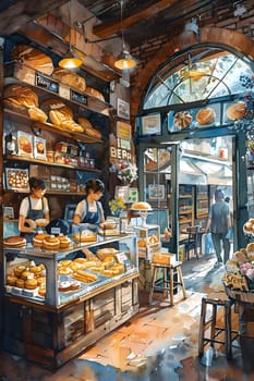 A painting capturing a bustling bakery in the city market, showcasing a variety of bread and pastries. The art celebrates the beauty of natural and whole foods in a retail setting