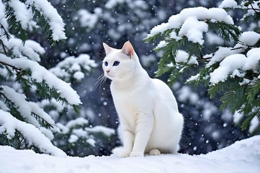 A white cat is sitting calmly in the snow, surrounded by a blanket of white. The cats fur contrasts sharply against the snowy landscape, with delicate snowflakes falling around it.