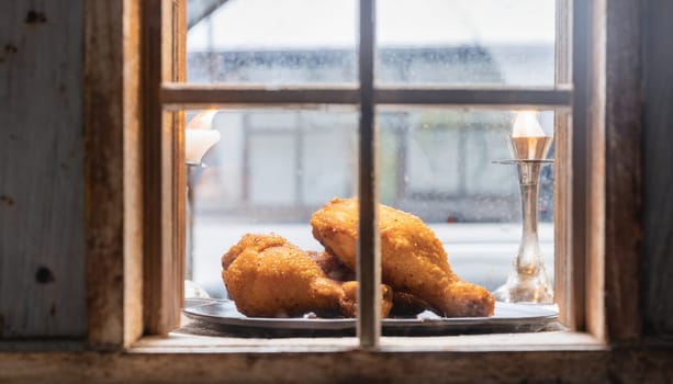 Copy Space image through the window of Fried Breaded chicken tender