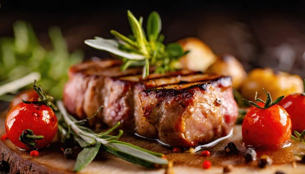 Copy Space image with close up of barbecue ribs on cutting board over wooden