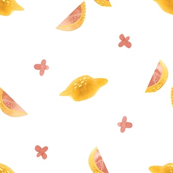 Lemons, lemon slices and pink lemon flowers. Seamless watercolor pattern for fabric, wallpaper, wrapping paper, packaging cosmetics, tablecloths, curtains and home textiles