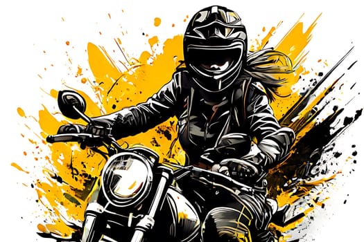 A person wearing protective gear is riding a motorcycle on a vibrant yellow and black background. The individual is focused and in control, navigating the open road confidently.