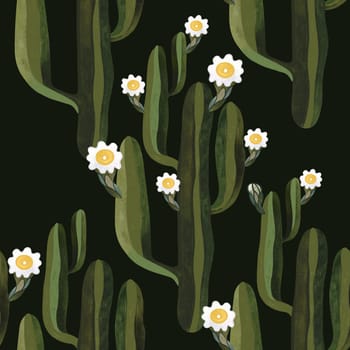 Blooming saguaro cactus. Seamless watercolor pattern for wrapping paper, wallpaper and textiles