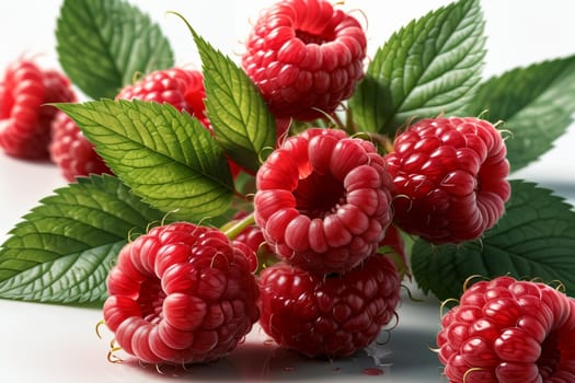 ripe raspberries with leaves isolated on a white background.