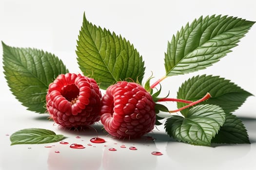 ripe raspberries with leaves isolated on a white background.