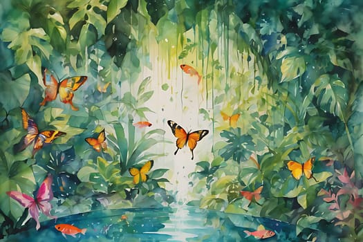 Colorful butterflies can be seen gracefully flying over a flowing stream in a painting. The stream reflects the sunlight as the butterflies flutter above it, creating a serene and harmonious scene.