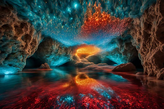 Within the depths of a cave, numerous colorful lights shine brightly, creating a mesmerizing display of hues. The cavern is filled with a dazzling array of vibrant lights that reflect off the rocky surfaces, filling the space with a rainbow of colors.