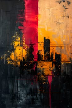 An abstract painting featuring black, yellow, and red hues on a black background reminiscent of a dusk natural landscape. Tints and shades create a stunning afterglow effect in this art piece