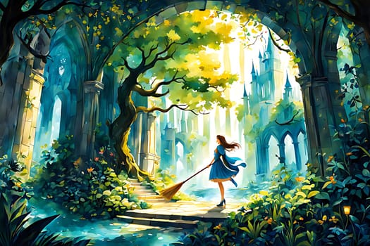 A painting depicting a woman gracefully sweeping through a lush forest, surrounded by towering trees and vibrant green foliage. The womans movement is depicted with flowing lines, conveying a sense of movement and exploration in the natural setting.