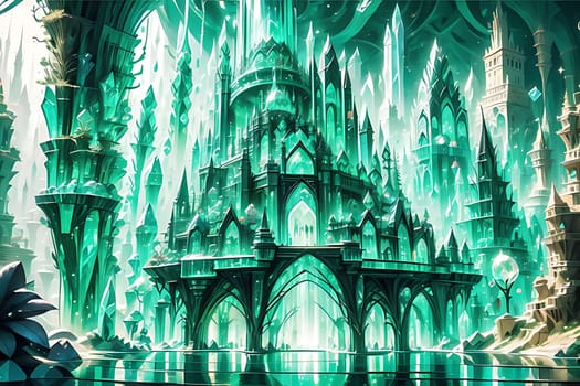 A detailed painting featuring a majestic castle standing tall amidst a dense forest of trees. The castle is the central focus, towering over the lush greenery that surrounds it.