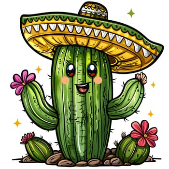 A cartoon cactus adorned with a sombrero and holding a vibrant flower, showcasing the creativity and artistry of botanical illustration