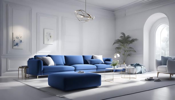 A contemporary living room with stark white walls and striking blue couches creating a bold contrast. The room exudes a sense of modern elegance and sophistication, with minimalistic decor and clean lines. The blue couches serve as the focal point, adding a pop of color to the otherwise neutral space.