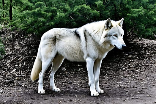A majestic white wolf stands proudly on top of a dirt field, showcasing its strength and grace. The wolfs fur glistens in the sunlight, contrasting beautifully with the rugged terrain beneath its feet.