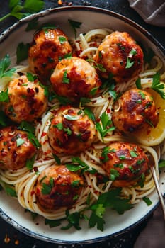 A traditional Italian dish, spaghetti and meatballs is made with ingredients such as pasta, ground meat, and tomato sauce. Often served with a spoon for easy eating