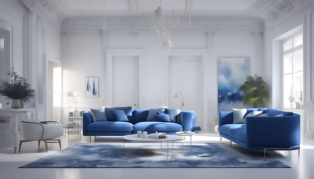 The living room is filled with various furniture pieces arranged on a blue rug. A sofa, armchairs, coffee table, and bookshelves complete the cozy setting.