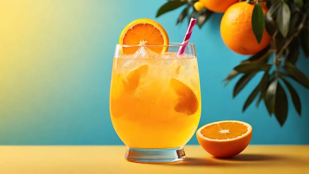 A glass filled with orange juice sits beside a fresh orange slice, showcasing the vibrant colors of the citrus fruit. The slice rests on the table, adding a pop of brightness to the scene.