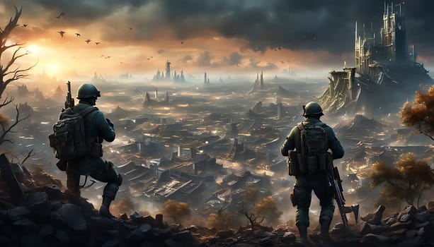 Two soldiers in uniform are standing on the summit of a hill, looking out over the landscape below. The soldiers appear alert and vigilant, scanning the horizon for any potential threats or movements.