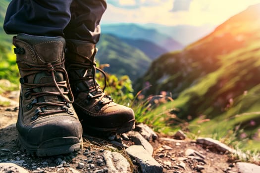 A close-up of a hiker's boots on a rugged mountain path, with the scenic beauty of the mountains in the background .AI Generative.