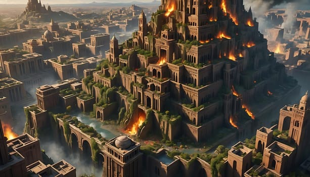 A very tall building is shown with massive flames erupting from multiple windows, creating a dramatic and dangerous scene.