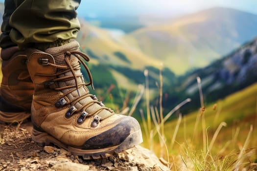 A close-up of a hiker's boots on a rugged mountain path, with the scenic beauty of the mountains in the background .AI Generative.