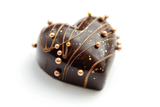 Heart-shaped chocolate covered in chocolate sprinkles with golden accents on a white background.