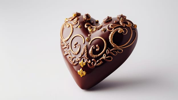 Detailed heart-shaped chocolate with intricate gold adornments on a white background.