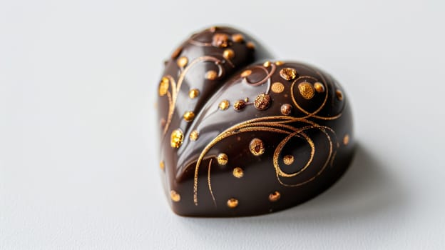 A heart-shaped chocolate adorned with luxurious gold sprinkles on a sleek white background.