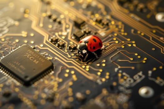 ladybug on circuit board, motherboard have bug. security cyber concept. ai generative.