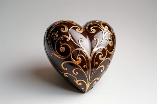 Brown and white heart shaped box adorned with golden accents placed on a white surface, elegant and romantic.