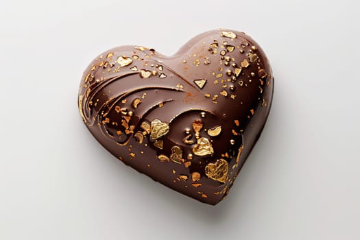 A heart-shaped chocolate adorned with luxurious gold flakes on a white background.