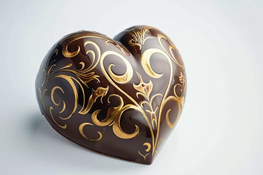 Detailed chocolate heart box adorned with elegant gold designs on a white background.
