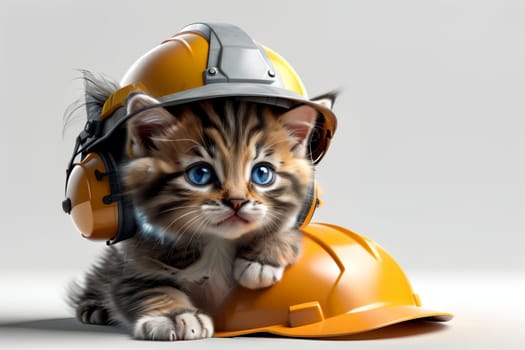 Cute cat in a construction helmet, builder .